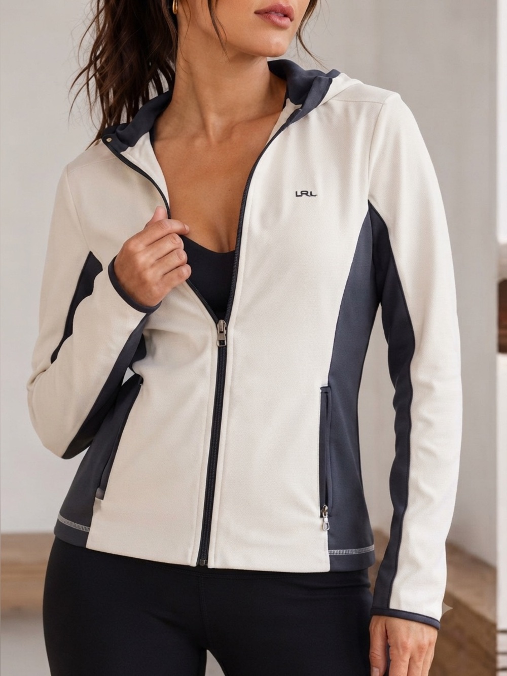 Ralph Lauren White and Gray Hooded Zip-Front Performance Jacket